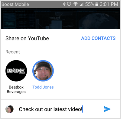 Sélectionnez le contact avec lequel partager la vidéo YouTube