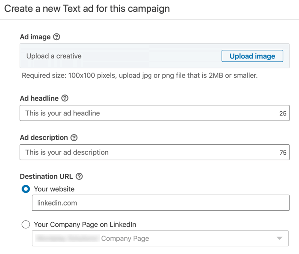 Comment créer une annonce textuelle LinkedIn, étape 12, paramètres de texte d'annonce