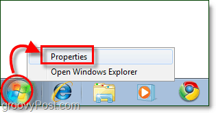 Propriétés du menu Démarrer dans Windows 7
