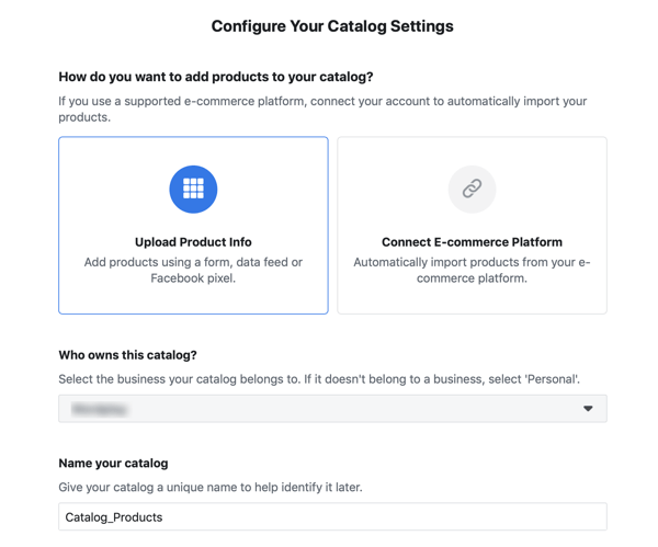 Utilisez l'outil de configuration d'événements Facebook, étape 20, options de menu pour remplir votre catalogue Facebook Ads