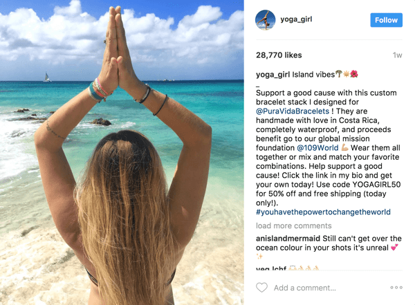 Dans ce post d'influence rémunéré, Pura Vida a pu tirer parti de 2,1 millions d'abonnés de Rachel Brathen (yoga_girl) et suivre le retour sur investissement grâce à un coupon exclusif.