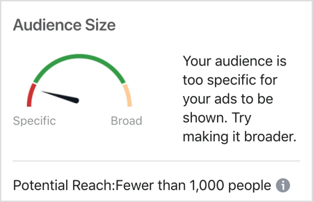 Message de taille d'audience Facebook: votre audience est trop spécifique pour que vos annonces soient diffusées.
