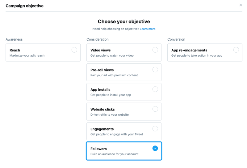 objectifs de la campagne Twitter avec l'objectif d'abonnés sélectionné