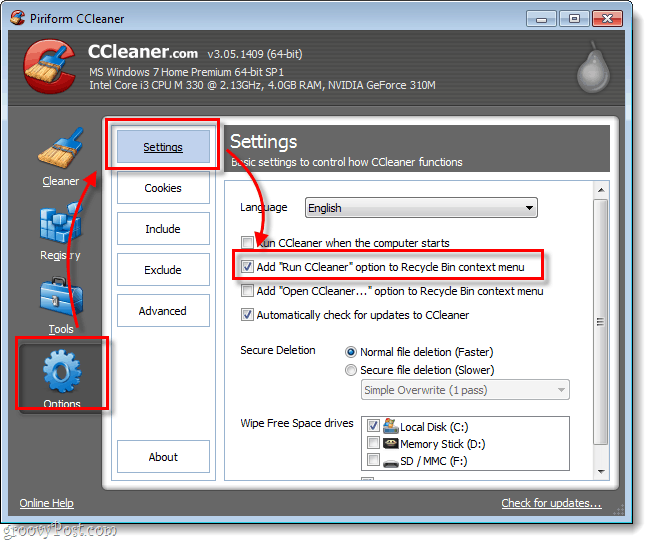 CCleaner run cleaner option corbeille