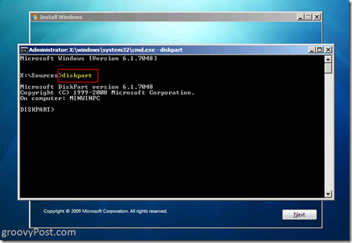 Windows 7 Native VHD Install Dual Boot Launch Diskpart 6.1.7048 from CMD Prompt to build VHD file