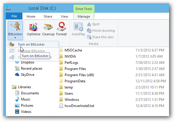 Ruban de l'explorateur de fichiers BitLocker