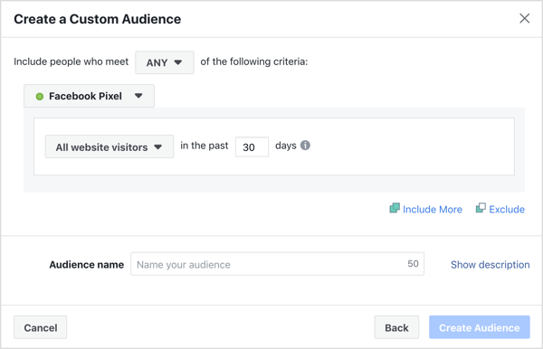 Paramètres par défaut pour créer une audience personnalisée de site Web Facebook.