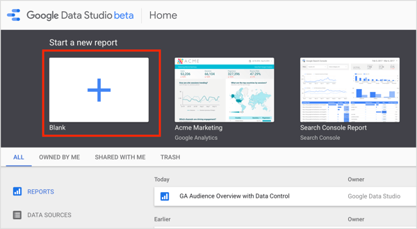 Accédez à la page d'accueil de Google Data Studio et cliquez sur Démarrer un nouveau rapport dans l'onglet Rapport.