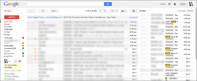 capture d'écran de gmail avec tous les e-mails dans le 2ème volet à droite