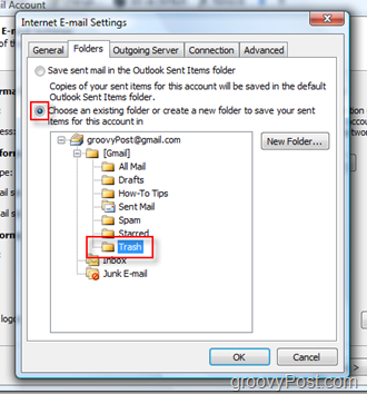 Configurer le dossier SEND Mail pour le compte iMAP dans Outlook 2007:: Choisissez le dossier Corbeille