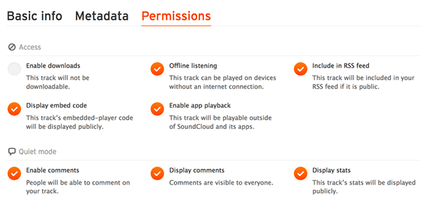Vérifiez l'onglet Permissions pour vous assurer que votre fichier audio est inclus dans votre flux RSS SoundCloud.