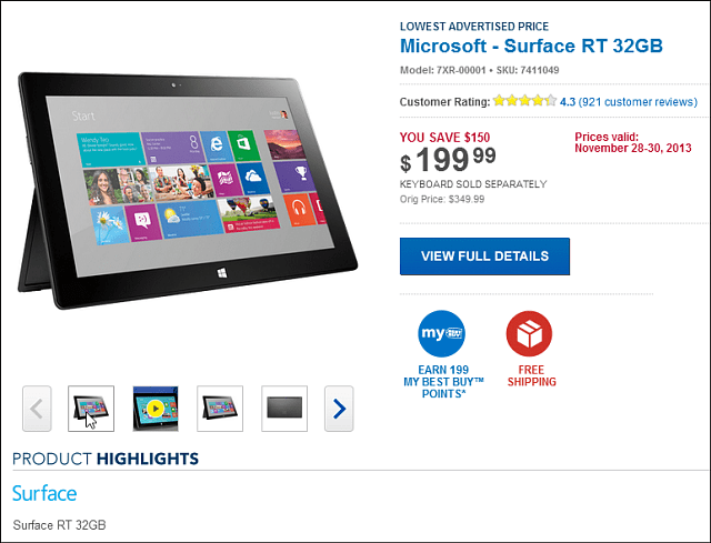 Offre Best Buy Black Friday: Microsoft Surface RT 32 Go 199 $