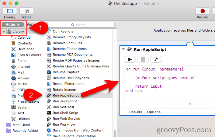 Faites glisser Exécuter AppleScript vers le panneau de workflow dans Automator