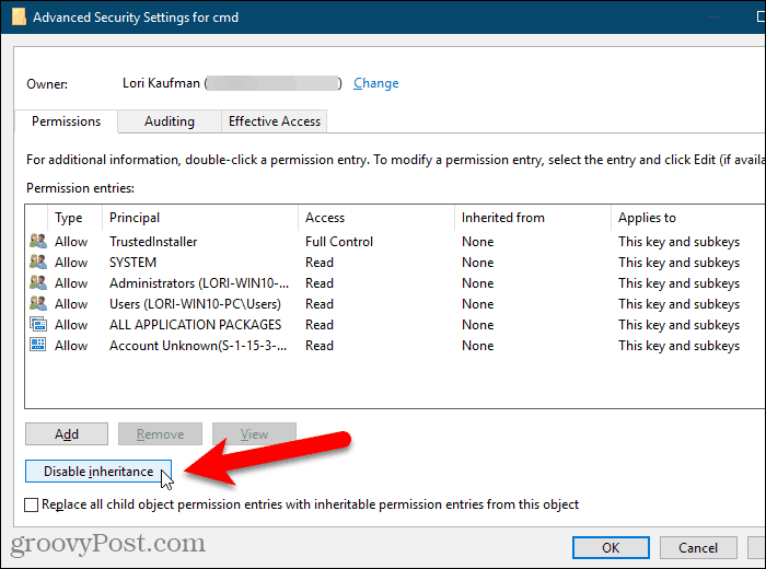 Cliquez sur Désactiver l'héritage dans la boîte de dialogue Paramètres de sécurité avancés dans le Registre Windows