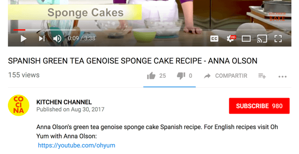 Cocina dirige le public anglophone vers une chaîne de cuisine différente sur YouTube.