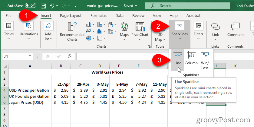 Sélectionnez le type de Sparkline Excel