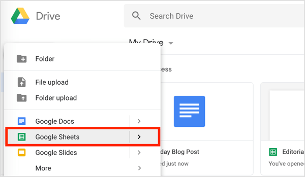 Cliquez sur le bouton Nouveau sur la gauche et choisissez Google Sheets dans le menu déroulant.