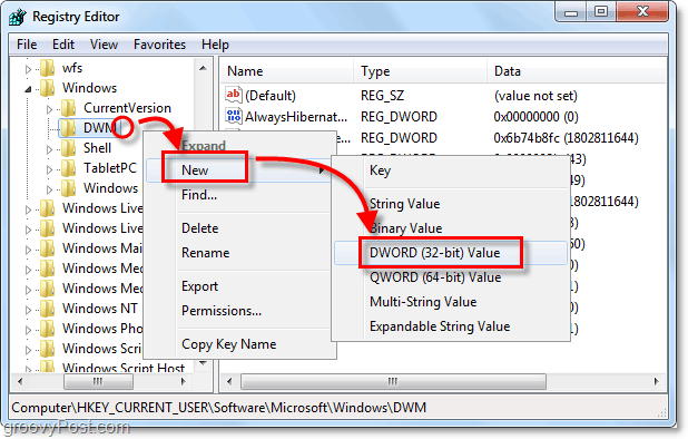 créer une nouvelle clé dword dwm dans windows 7