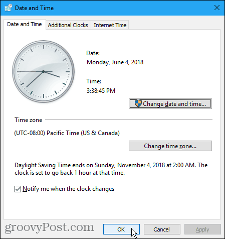 Boîte de dialogue Date et heure sous Windows