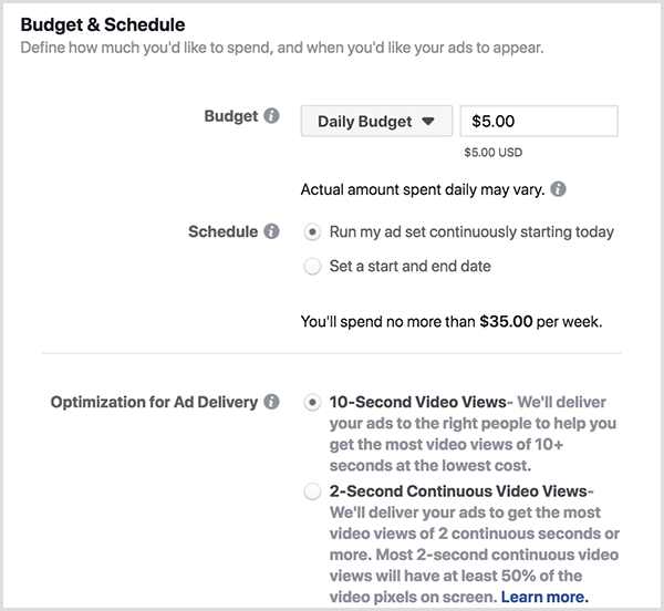Le budget publicitaire et les options de planification de Facebook incluent un budget quotidien et des vues de 10 secondes.