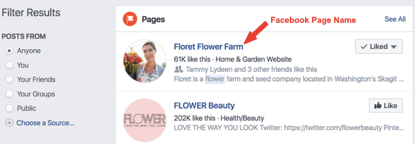 Exemple de la page Facebook nommée Floret Flower Farm dans les résultats de recherche.