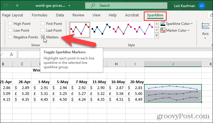 Afficher les marqueurs sur les graphiques sparkline dans Excel