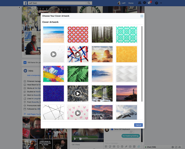 Facebook permet désormais aux utilisateurs de sélectionner une vidéo pour une image de couverture de profil dans la bibliothèque d'illustrations. 