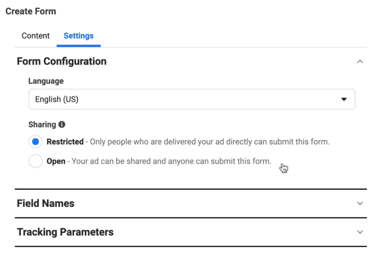 Facebook Lead Ads crée une nouvelle option de formulaire de prospect pour ajuster les paramètres de configuration du formulaire de la langue qui est définie sur l'anglais et le partage qui est défini sur restreint