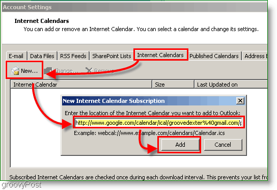 Capture d'écran du calendrier Outlook 2007 - Ajouter un calendrier Internet