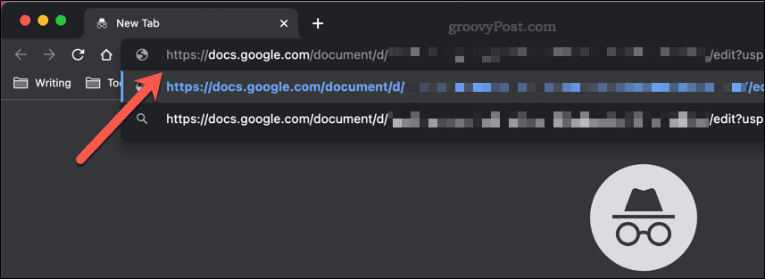 Coller un lien de partage Google Docs dans une barre d'adresse de fenêtre de navigation privée Google Chrome