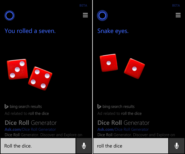 Lancez une pièce ou lancez les dés avec Cortana sur Windows Phone 8.1