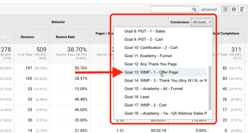 capture d'écran des objectifs de notoriété de la page d'offre google analytics avec le menu des conversions mis en évidence avec l'objectif 13: wmp - 1- page de l'offre notée