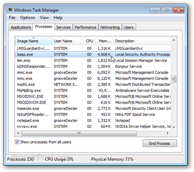 lsass.exe dans le gestionnaire de tâches Windows 7