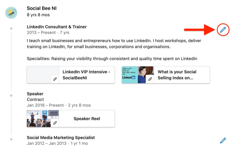 capture d'écran montrant l'icône en forme de crayon pour modifier la section expérience sur linkedin