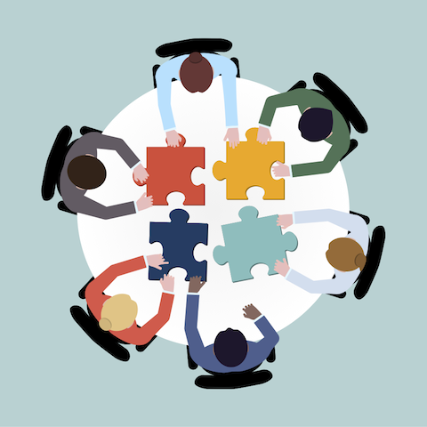 équipe commerciale vecteur stock réunion brainstorming concept vue de dessus groupe personnes sur table avec puzzle