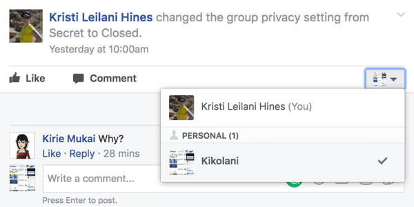 Commentez dans votre groupe Facebook comme votre page.
