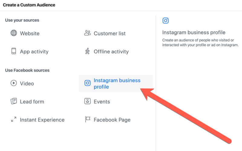 étapes pour créer une audience personnalisée d'engagement de profil d'entreprise Instagram pour le ciblage d'événements en direct