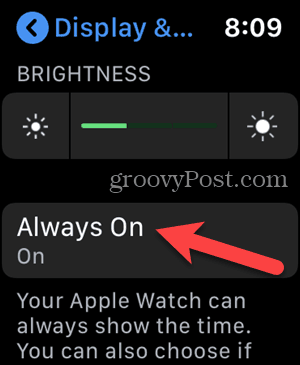 Appuyez sur Toujours activé dans les paramètres de votre Apple Watch