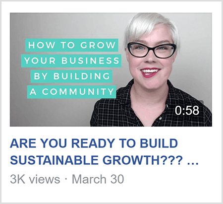 Pour enseigner dans un groupe Facebook, Caitlin Bacher partage une vidéo comme cette vidéo avec le texte How To Grow Votre entreprise en construisant une communauté et une image de Caitlin des épaules vers le haut et face à la caméra.