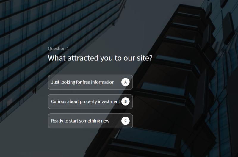 exemple de quiz de site Web permettant de qualifier des prospects sur un site de formation en investissement immobilier