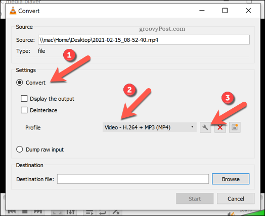 Définition des paramètres de conversion dans VLC sous Windows