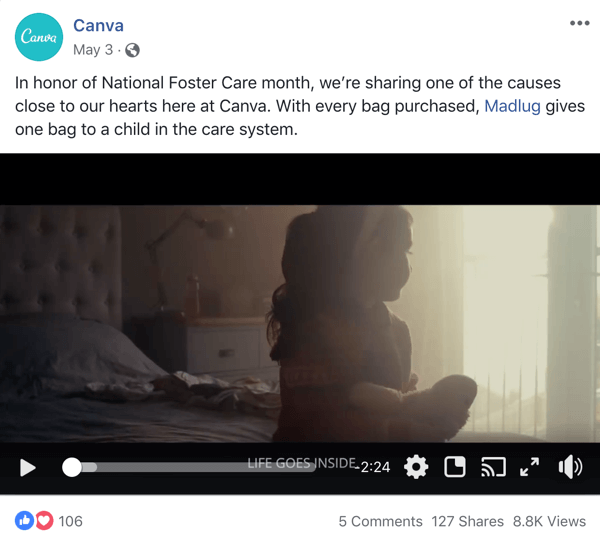 Exemple de publication Facebook avec une organisation à but non lucratif criée par Canva.