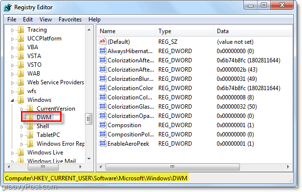ouvrir la clé de registre dwm dans windows 7