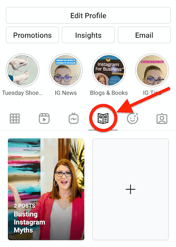 profil instagram avec l'icône de guide à la recherche de journal présente et en surbrillance, apparaissant à côté de l'icône igtv