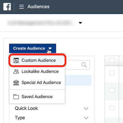 capture d'écran de l'option Audience personnalisée entourée en rouge dans le menu déroulant Créer une audience dans Ads Manager