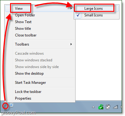 afficher de grandes icônes pour une barre d'outils de la barre des tâches dans Windows 7