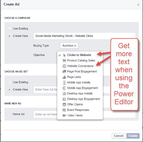 options publicitaires dans Power Editor