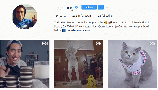 Bien qu'il ait d'abord utilisé Instagram pour republier ses Vines, Zach a rapidement commencé à créer du contenu Instagram original.