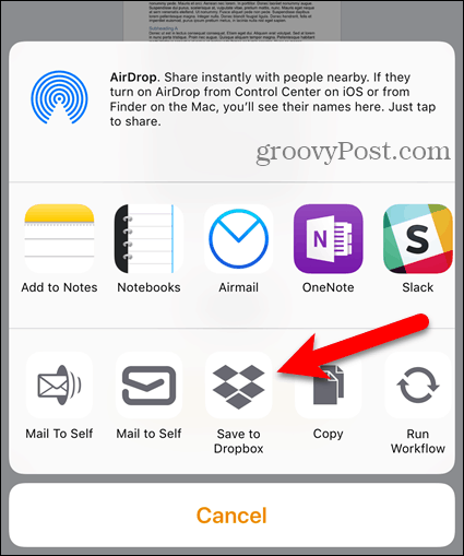 Appuyez sur Dropbox sur la feuille de partage sur iOS