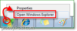 pour entrer dans l'explorateur Windows 7, cliquez avec le bouton droit sur l'orbe de démarrage et cliquez sur ouvrir l'explorateur Windows